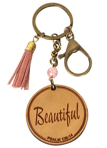 Affirmation Engraved Leather & Wood Keychain - Beautiful
