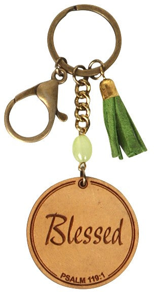 Affirmation Engraved Leather & Wood Keychain - Blessed