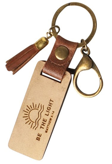 Dot Engraved Leather & Wood Keychain - Be The Light