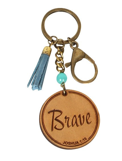Affirmation Engraved Leather & Wood Keychain - Brave
