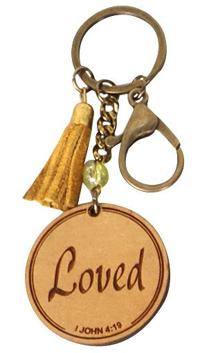 Affirmation Engraved Leather & Wood Keychain - Loved