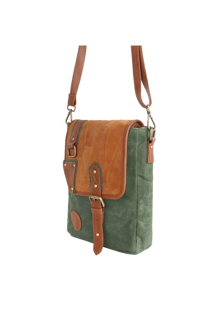 Trek Waxed Canvas & Upcycled Leather Messenger Crossbody Bag