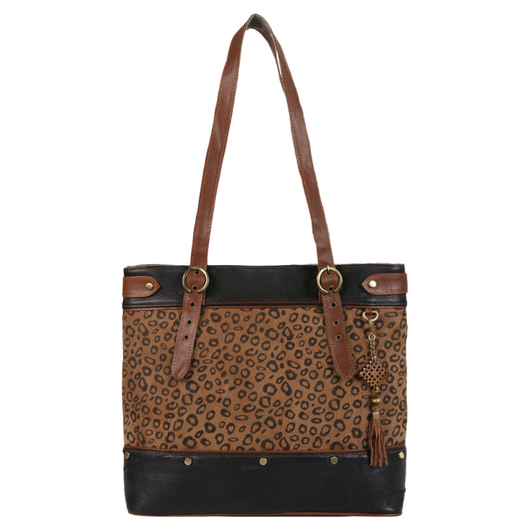 The front of the tote bag. There are 2 strips of black on the front framing a cheetah print.