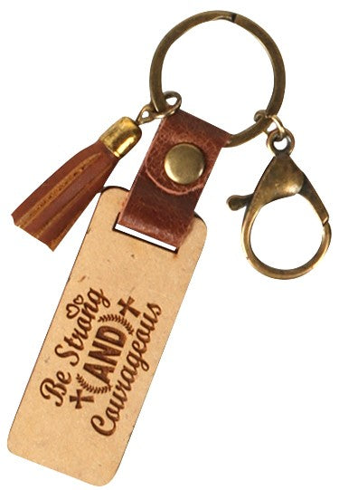 Dot Engraved Leather & Wood Keychain - Strong & Courageous