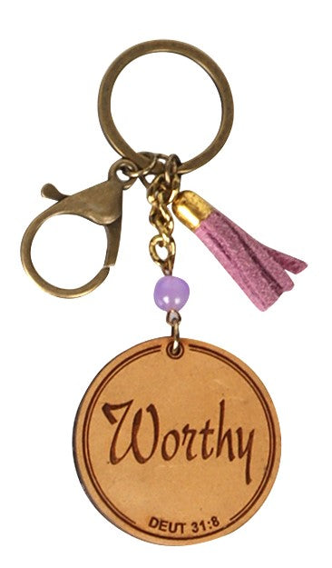Affirmation Engraved Leather & Wood Keychain - Worthy